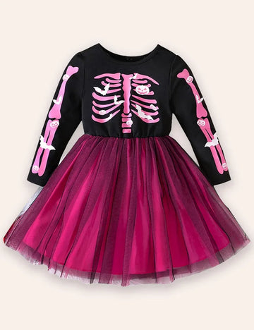 فستان شبكي بأكمام طويلة وطبعة هيكل عظمي للهالوين